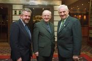 13 April 2002; Presidential Candidates Albert Fallon, left,  and PJ McGrath, right, with GAA commentator Jimmy Magee on day two of the GAA Annual Congress at the Burlington Hotel in Dublin. Photo by Ray McManus/Sportsfile