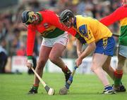 14 April 2002; Des Murphy of Carlow in action against Colm Kelly of Roscommon during the Allianz National Hurling League Division 2 Relegation Play-Off match between Carlow and Roscommon at Cusack Park in Mullingar, Westmeath. Photo by Aoife Rice/Sportsfile