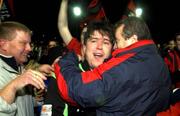 23 April 2002; Longford Town goalkeeper Stephen O'Brien, centre, celebrates after victory after the eircom League Promotion/Relegation Play-Off 2nd Leg match at Finn Park in Ballybofey in Dublin. Photo by Damien Eagers/Sportsfile