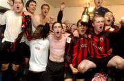 23 April 2002; Longford Town players celebrate after victory after the eircom League Promotion/Relegation Play-Off 2nd Leg match at Finn Park in Ballybofey in Dublin. Photo by Damien Eagers/Sportsfile