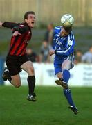 23 April 2002; Shane Bradley of Finn Harps in action against Fergal Coleman of Longford Town during the eircom League Promotion/Relegation Play-Off 2nd Leg match at Finn Park in Ballybofey in Dublin. Photo by Damien Eagers/Sportsfile