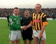 21 April 2002; Referee Pat Horan with team captains Mark Foley of Limerick and Andy Comerford of Kilkenny prior to the Allianz National Hurling League Semi-Final match between Kilkenny and Limerick at Gaelic Grounds in Limerick. Photo by Damien Eagers/Sportsfile