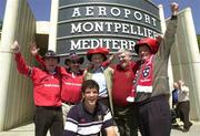 25 April 2002; Munster rugby fans, from left, John Drohan, John Grace, Tommy Walsh,  Sean Meath and Kieran Doran with Munster player Donncha O'Callaghan in Montpellier Airport in France. Photo by Matt Browne/Sportsfile