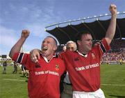 27 April 2002; Peter Stringer, left, and John Kelly cleebrate after the Heineken European Cup Semi-Final match between Castres and Munster at Stade de la Mediterranie in Beziers, France. Photo by Brendan Moran/Sportsfile