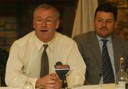 28 April 2002; Newly appointed Kildare County FC manager Dermot Keely, left, and his assistant John Gill during a press conference. Photo by Ray McManus/Sportsfile