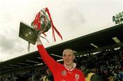 28 April 2002; Tyrone goalkeeper Peter Ward celebrates with the cup after the Allianz National Football League Division 1 Final match between Tyrone and Cavan at St Tiernach's Park in Clones, Monaghan. Photo by Damien Eagers/Sportsfile