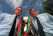 29 April 2002; Shannon captain David Quinlan, left, and Cork Constitution captain Ultan O'Callaghan with the AIB League Division 1 trophy at a photocall ahead of the AIB All-Ireland League Division 1 final between Shannon and Cork Cork Constitution at Lansdowne Road on Saturday next. Photo by Brendan Moran/Sportsfile