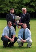 29 April 2002; Shannon captain David Quinlan, front right, and Cork Constitution captain Ultan O'Callaghan pictured with John Hickey, AIB Bank, back left, and John Lyons, IRFU, and the AIB League Division 1 trophy at a photocall ahead of the AIB All-Ireland League Division 1 final between Shannon and Cork Cork Constitution at Lansdowne Road on Saturday next. Photo by Brendan Moran/Sportsfile