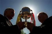 30 April 2002; Kilkenny selector Noel Skehan, right, and Cork manager Bertie Óg Murphy with the trophy at a press conference at the Jurys Hotel in Dublin ahead of the Allianz National Hurling League Final between Kilkenny and Cork. Photo by Brendan Moran/Sportsfile