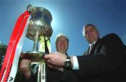 30 April 2002; Kilkenny selector Noel Skehan, left, and Cork manager Bertie Óg Murphy with the trophy at a press conference at the Jurys Hotel in Dublin ahead of the Allianz National Hurling League Final between Kilkenny and Cork. Photo by Brendan Moran/Sportsfile