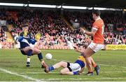 2 April 2017; Stefan Campbell of Armagh has his goal bound shot saved by Evan Comerford of Tipperary, as Brian Fox of Tipperary comes into block, during the Allianz Football League Division 3 Round 7 match between Armagh and Tipperary at the Athletic Grounds in Armagh. Photo by Oliver McVeigh/Sportsfile