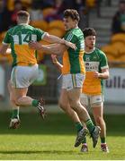 2 April 2017; Sean Cleay, right, of Offaly celebrates after scoring his side's third goal with teammate Cillian Kiely during the Allianz Football League Division 3 Round 7 match between Offaly and Laois at O'Connor Park in Tullamore, Co Offaly. Photo by David Maher/Sportsfile