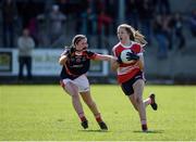2 April 2017; Clodagh Carroll of St. Angela’s Ursuline Convent SS, in action against Ciara Healy of Mercy, Ballymahon, during the Lidl All Ireland PPS Junior B Championship Final match between Mercy, Ballymahon and St. Angela’s Ursuline Convent SS at Clane in Co Kildare. Photo by Daire Brennan/Sportsfile