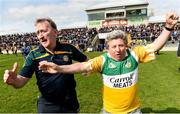 2 April 2017; Offaly manager Pat Flanagan, left, celebrates with Offaly supporter Mick McDonagh at the end of the Allianz Football League Division 3 Round 7 match between Offaly and Laois at O'Connor Park in Tullamore, Co Offaly. Photo by David Maher/Sportsfile