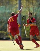 2 April 2017; Eugene Magee of Banbridge celebrates after scoring his side's second goal  during the Irish Senior Men's Hockey Cup Final match between Banbridge and Monkstown at the National Hockey Stadium UCD in Belfield, Dublin. Photo by David Fitzgerald/Sportsfile