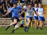 2 April 2017; Jack McCaffrey shoots past Monaghan's Ryan Wylie to score Dublin's second goal during the Allianz Football League Division 1 Round 7 match between Monaghan and Dublin at St. Tiernach's Park in Clones, Co Monaghan. Photo by Ray McManus/Sportsfile