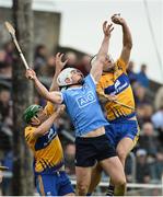 2 April 2017; Aaron Shanagher of Clare wins possession ahead of Liam Rushe of  Dublin during the Allianz Hurling League Division 1 Relegation Play-Off match between Clare and Dublin at Cusack Park in Ennis, Co Clare. Photo by Diarmuid Greene/Sportsfile