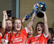 2 April 2017; Emma Flynn of St. Angela’s Ursuline Convent SS lifts the cup after the Lidl All Ireland PPS Junior B Championship Final match between Mercy, Ballymahon and St. Angela’s Ursuline Convent SS at Clane in Co Kildare. Photo by Daire Brennan/Sportsfile