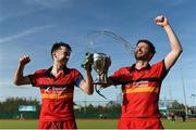 2 April 2017; Johnny McKee, left, and Dane Ward of Banbridge celebrate with the trophy following their side's victory in the Irish Senior Men's Hockey Cup Final match between Banbridge and Monkstown at the National Hockey Stadium UCD in Belfield, Dublin. Photo by David Fitzgerald/Sportsfile