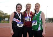 2 April 2017; Women's 600g Javelin medallists, from left, Michaela Walsh of Swinford AC, Co Mayo, silver, Grace Casey of Eire Og Corra Choill AC, Co Kildare, gold and Laura Dolan of Ferbane AC, Co Offaly, bronze, during the Irish Life Health National Spring Throws Competition at the AIT International Arena in Athlone, Co Westmeath. Photo by Sam Barnes/Sportsfile