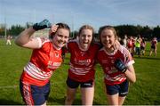 2 April 2017; St. Angela’s Ursuline Convent SS, left to right, Aoife Fitzgerald, Sarah Maher, and Clodagh Carroll, celebrate after the Lidl All Ireland PPS Junior B Championship Final match between Mercy, Ballymahon and St. Angela’s Ursuline Convent SS at Clane in Co Kildare. Photo by Daire Brennan/Sportsfile