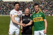 2 April 2017; Tyrone captain Sean Cavanagh shakes hands with Kerry captain Fionn Fitzgerald in the presence of referee Martin Duffy ahead of the Allianz Football League Division 1 Round 7 match between Kerry and Tyrone at Fitzgerald Stadium in Killarney, Co Kerry. Photo by Cody Glenn/Sportsfile
