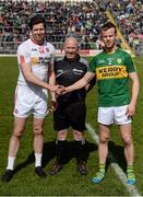 2 April 2017; Tyrone captain Sean Cavanagh shakes hands with Kerry captain Fionn Fitzgerald in the presence of referee Martin Duffy ahead of the Allianz Football League Division 1 Round 7 match between Kerry and Tyrone at Fitzgerald Stadium in Killarney, Co Kerry. Photo by Cody Glenn/Sportsfile
