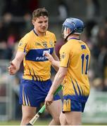 2 April 2017; John Conlon, left, and Podge Collins of Clare celebrate victory after the Allianz Hurling League Division 1 Relegation Play-Off match between Clare and Dublin at Cusack Park in Ennis, Co Clare. Photo by Diarmuid Greene/Sportsfile