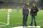 17 September 2011; RTE Rugby Commentator Hugh Cahill, right, in conversation with analyst Donal Lenihan before the game. 2011 Rugby World Cup, Pool C, Australia v Ireland, Eden Park, Auckland, New Zealand. Picture credit: Brendan Moran / SPORTSFILE