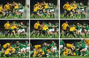 17 September 2011; A composite showing Will Genia, Australia, being pushed back by Ireland players Stephen Ferris, Paul O'Connell and Eoin Reddan. 2011 Rugby World Cup, Pool C, Australia v Ireland, Eden Park, Auckland, New Zealand. Picture credit: Brendan Moran / SPORTSFILE