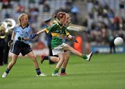 18 September 2011; Maria Fulcher, centre, St. Malachy's N.S. Kilcoo, Co. Down, shoots to score a goal despite the challenges from Yvonne Harney, left, Cornafulla N.S. Athlone, Co. Westmeath and Ashleen Nee, left, Craughwell N.S. Craughwell, Co. Galway. Go Games Exhibition - Sunday 18th September 2011, Croke Park, Dublin. Picture credit: Barry Cregg / SPORTSFILE