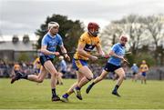 2 April 2017; Paul Flanagan of Clare in action against Caolan Conway, left, and Niall McMorrow of Dublin during the Allianz Hurling League Division 1 Relegation Play-Off match between Clare and Dublin at Cusack Park in Ennis, Co Clare. Photo by Diarmuid Greene/Sportsfile