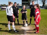 2 April 2017; Match referee Natasha Valentini, centre, adminsters the coin toss with assistant referees Fintan Butler, left, and Ben EcEvoy, and team captains before the start of the FAI Women’s U16 Cup Final match between Shelbourne LFC and Enniskerry FC at Home Farm FC in Whitehall, Dublin. Photo by Stephen McMahon/Sportsfile