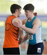 1 April 2017; Joseph McEvoy of Nenagh Olympic AC, Co Tipperary, is congratulated by Darragh Miniter of St Mary's AC, Co Clare after winning the U17 Boy's 60m Hurdles event during the Irish Life Health Juvenile Indoor Championships 2017 day 3 at the AIT International Arena in Athlone, Co. Westmeath. Photo by Sam Barnes/Sportsfile