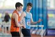 1 April 2017; Joseph McEvoy of Nenagh Olympic AC, Co Tipperary, is congratulated by Darragh Miniter of St Mary's AC, Co Clare after winning the U17 Boy's 60m Hurdles event during the Irish Life Health Juvenile Indoor Championships 2017 day 3 at the AIT International Arena in Athlone, Co. Westmeath. Photo by Sam Barnes/Sportsfile
