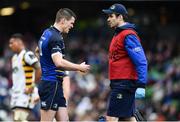 1 April 2017; Jonathan Sexton of Leinster is treated for an injury by team doctor Dr Jim O'Donovan during the European Rugby Champions Cup Quarter-Final match between Leinster and Wasps at Aviva Stadium in Dublin. Photo by Ramsey Cardy/Sportsfile