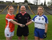 2 April 2017; Armagh captain Clodagh McCambridge, left, and the Monaghan captain Laura McEnaney shake hands across referee Colm McManus before the Lidl Ladies Football National League Round 7 match between Monaghan and Armagh at St. Tiernach's Park in Clones, Co Monaghan. Photo by Ray McManus/Sportsfile