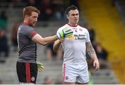 2 April 2017; Tyrone goalkeeper Mickey O’Neill with team-mate Cathal McCarron during the Allianz Football League Division 1 Round 7 match between Kerry and Tyrone at Fitzgerald Stadium in Killarney, Co. Kerry. Photo by Cody Glenn/Sportsfile