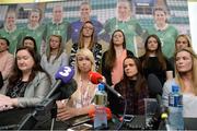 4 April 2017; Stephanie Roche, centre, of the Republic of Ireland Women's National Team alongside team-mates, seated from left, captain Emma Byrne, Aine O'Gorman, and Ethel Buckley, left, SIPTU Services Division, during a women's national team press conference at Liberty Hall in Dublin. Photo by Cody Glenn/Sportsfile