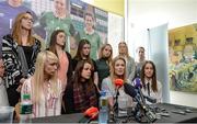 4 April 2017; Republic of Ireland Women's National Team captain Emma Byrne speaks alongside, seated from left, Stephanie Roche, Aine O'Gorman, Karen Duggan, and other team-mates during a women's national team press conference at Liberty Hall in Dublin. Photo by Cody Glenn/Sportsfile
