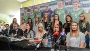 4 April 2017; Republic of Ireland Women's National Team captain Emma Byrne, far right, alongside, seated from right, Aine O'Gorman, Stephanie Roche, Ethel Buckley, SIPTU Services Division, Stuart Gilhooly, PFAI Solicitor, Ollie Cahill, of PFAI, and other team-mates during a women's national team press conference at Liberty Hall in Dublin. Photo by Cody Glenn/Sportsfile