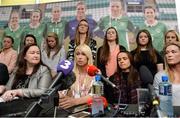 4 April 2017; Stephanie Roche, centre, of the Republic of Ireland Women's National Team speaks alongside team-mates, seated from left, captain Emma Byrne, Aine O'Gorman, and Ethel Buckley, left, SIPTU Services Division, during a women's national team press conference at Liberty Hall in Dublin. Photo by Cody Glenn/Sportsfile