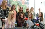 4 April 2017; Republic of Ireland Women's National Team captain Emma Byrne, seated third from left, alongside, seated from left, Stephanie Roche, Aine O'Gorman, Karen Duggan, and other team-mates during a women's national team press conference at Liberty Hall in Dublin. Photo by Cody Glenn/Sportsfile