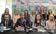 4 April 2017; PFAI Solicitor Stuart Gilhooly, second from left, speaks alongside Ollie Cahill, left, of PFAI, Ethel Buckley, third from left, SIPTU Services Division and Republic of Ireland Women's National Team players during a women's national team press conference at Liberty Hall in Dublin. Photo by Cody Glenn/Sportsfile