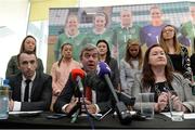 4 April 2017; PFAI Solicitor Stuart Gilhooly, centre, speaks alongside Ollie Cahill, left, of PFAI, and Ethel Buckley, SIPTU Services Division, and Republic of Ireland Women's National Team players during a women's national team press conference at Liberty Hall in Dublin. Photo by Cody Glenn/Sportsfile