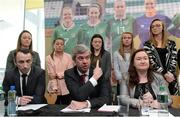 4 April 2017; PFAI Solicitor Stuart Gilhooly, centre, speaks alongside Ollie Cahill, left, of PFAI, and Ethel Buckley, SIPTU Services Division, and Republic of Ireland Women's National Team players during a women's national team press conference at Liberty Hall in Dublin. Photo by Cody Glenn/Sportsfile