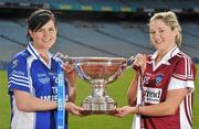 20 September 2011; Ahead of the TG4 Ladies Football All-Ireland Finals taking place this Sunday in Croke Park, the captains and managers from all six competing counties met in Crokes Park. Cavan captain Aisling Doonan, left and Westmeath captain Elaine Finn, with the Mary Quinn Memorial Cup ahead of the TG4 Intermediate Final which throws in at 2pm. 2011 TG4 All-Ireland Ladies Football Final Captain's Day, Croke Park, Dublin. Picture credit: David Maher / SPORTSFILE