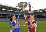 20 September 2011; Ahead of the TG4 Ladies Football All-Ireland Finals taking place this Sunday in Croke Park, the captains and managers from all six competing counties met in Crokes Park. Cavan captain Aisling Doonan, left and Westmeath captain Elaine Finn, with the Mary Quinn Memorial Cup ahead of the TG4 Intermediate Final which throws in at 2pm. 2011 TG4 All-Ireland Ladies Football Final Captain's Day, Croke Park, Dublin. Picture credit: David Maher / SPORTSFILE