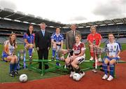 20 September 2011; Ahead of the TG4 Ladies Football All-Ireland Finals taking place this Sunday in Croke Park, the captains and managers from all six competing counties met in Crokes Park. Player from all counties pictured, from left to right, Caitríona McKeon, Wicklow, Rosie O'Reilly, New York, Pól Ó Gallchóir, Ceannasaí, TG4, Aisling Doonan, Cavan, President of the Ladies Gaelic Football Association Pat Quill, Elaine Finn, Westmeath, Amy O'Shea, Cork, and Sharon Courtney, Monaghan, ahead of the TG4 Senior Final which throws in at 4pm. 2011 TG4 All-Ireland Ladies Football Final Captain's Day, Croke Park, Dublin. Picture credit: David Maher / SPORTSFILE