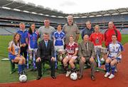 20 September 2011; Ahead of the TG4 Ladies Football All-Ireland Finals taking place this Sunday in Croke Park, the captains and managers from all six competing counties met in Crokes Park. Captains and managers from all counties pictured, from left to right, Caitríona McKeon, Wicklow, Cavan manager Adrian McGovern, Rosie O'Reilly, New York, Pól Ó Gallchóir, Ceannasaí, TG4, Westmeath manager Peter Leahy, Aisling Doonan, Cavan, Wicklow manager Dominic Leech, Elaine Finn, Westmeath, President of the Ladies Gaelic Football Association Pat Quill, Monaghan manager Gregory McGonagle, Amy O'Shea, Cork, Cork manager Noel O'Connor and Sharon Courtney, Monaghan, ahead of the TG4 Senior Final which throws in at 4pm. 2011 TG4 All-Ireland Ladies Football Final Captain's Day, Croke Park, Dublin. Picture credit: David Maher / SPORTSFILE